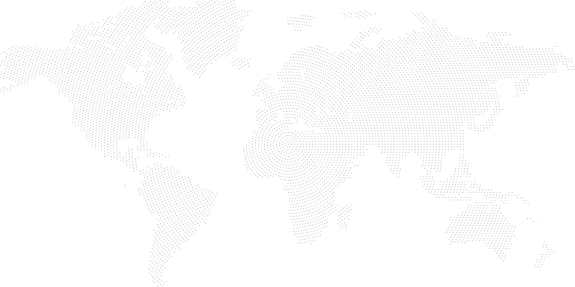 World map made of small gray dots on a black background showing all continents.