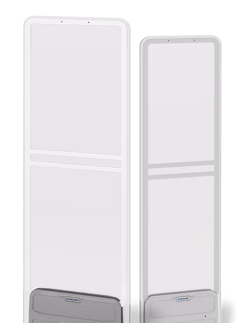 Two tall white security gates with horizontal bars and gray bases labeled 'AMGATE'.