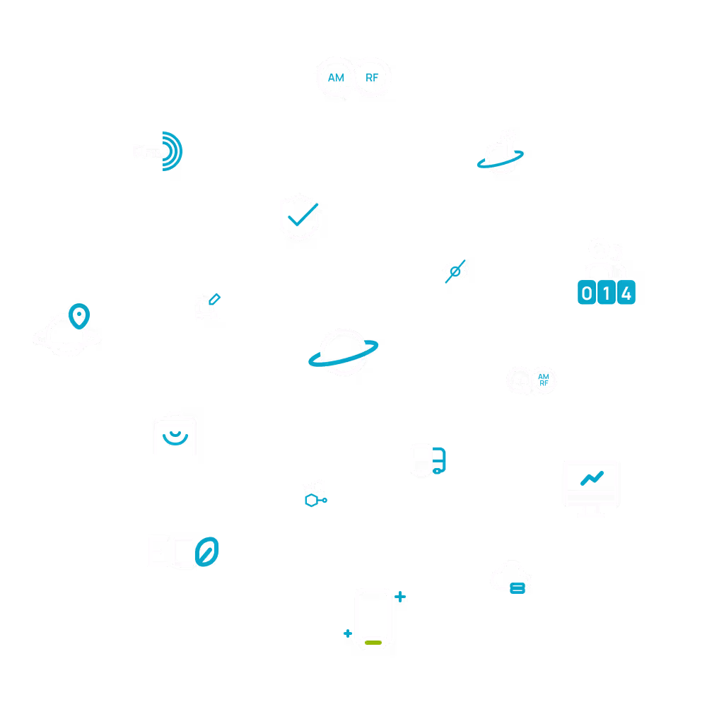Diagram showing icons representing RFID, AM and RF technologies, security check, location, eco-friendly, device connectivity, data analytics, and cloud storage interconnected.