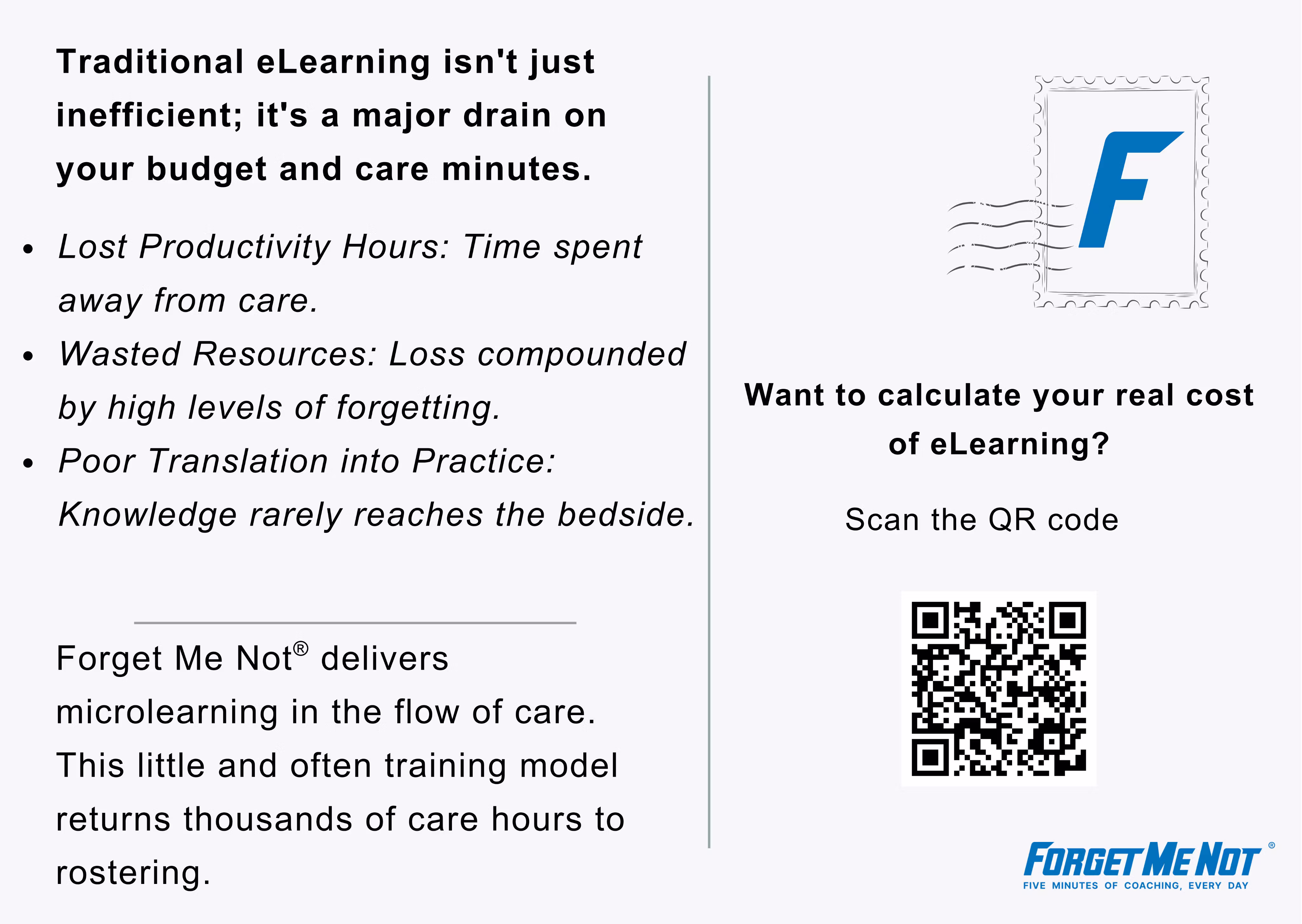 Informational card describing traditional eLearning inefficiencies, promoting Forget Me Not microlearning, with a QR code to calculate eLearning costs and Forget Me Not logo.