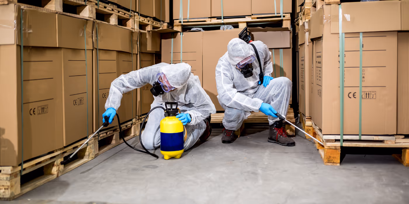 Fix Nuisible - Équipe de dératisation en intervention dans un entrepôt industriel avec pulvérisateurs professionnels