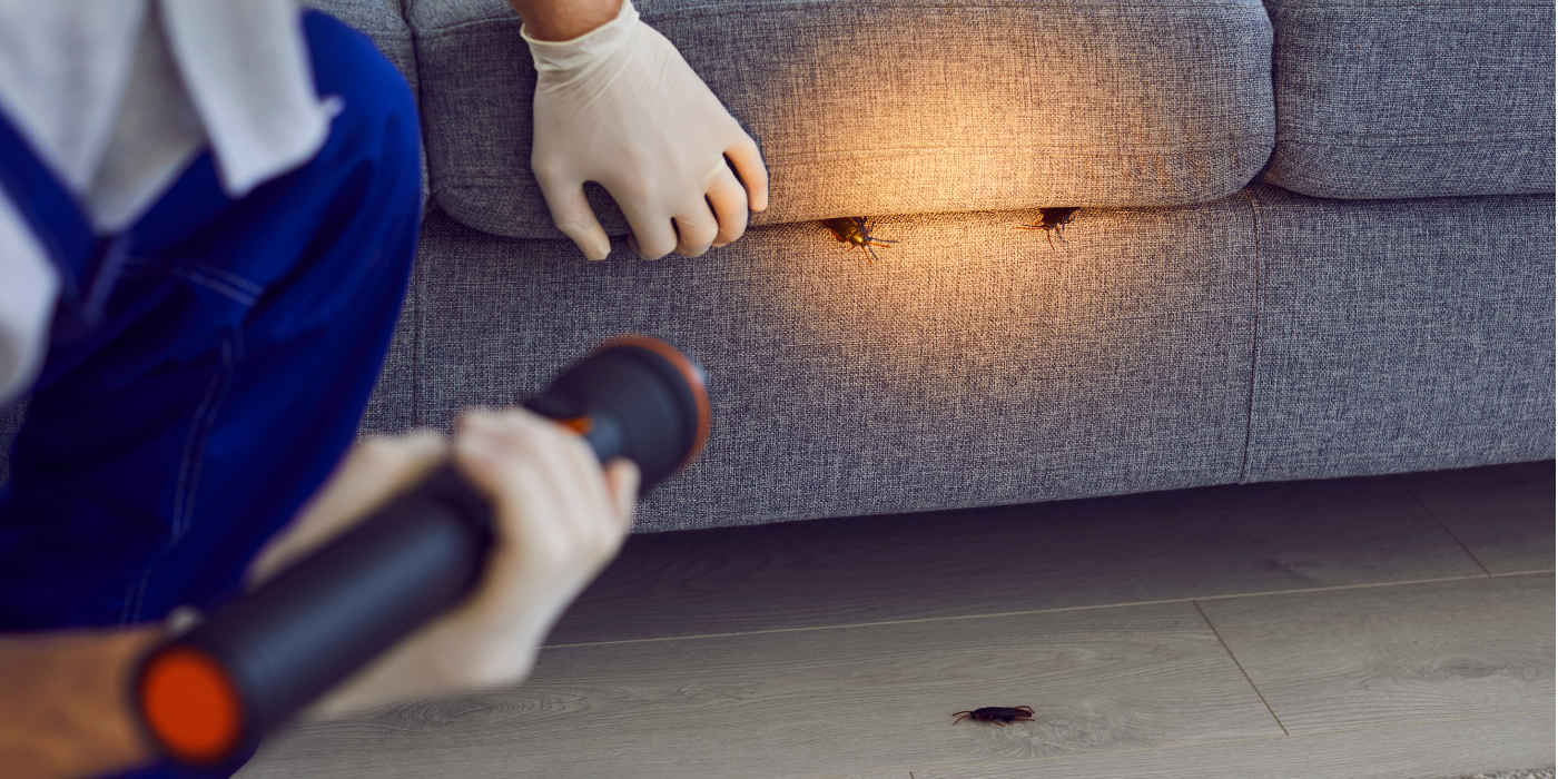 Fix Nuisible - Un professionnel en gants inspecte un canapé avec une lampe torche, révélant des cafards cachés dans les interstices du tissu, un autre cafard visible au sol devant le canapé