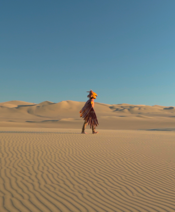 Person wearing a bird costume walking across rippled sand dunes under a clear blue sky.