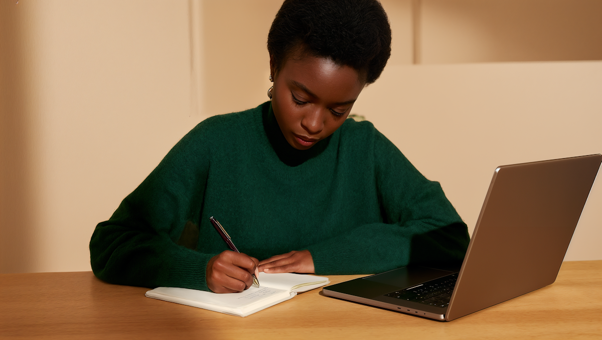 Professional strategist planning B2B content marketing strategy with notebook and laptop