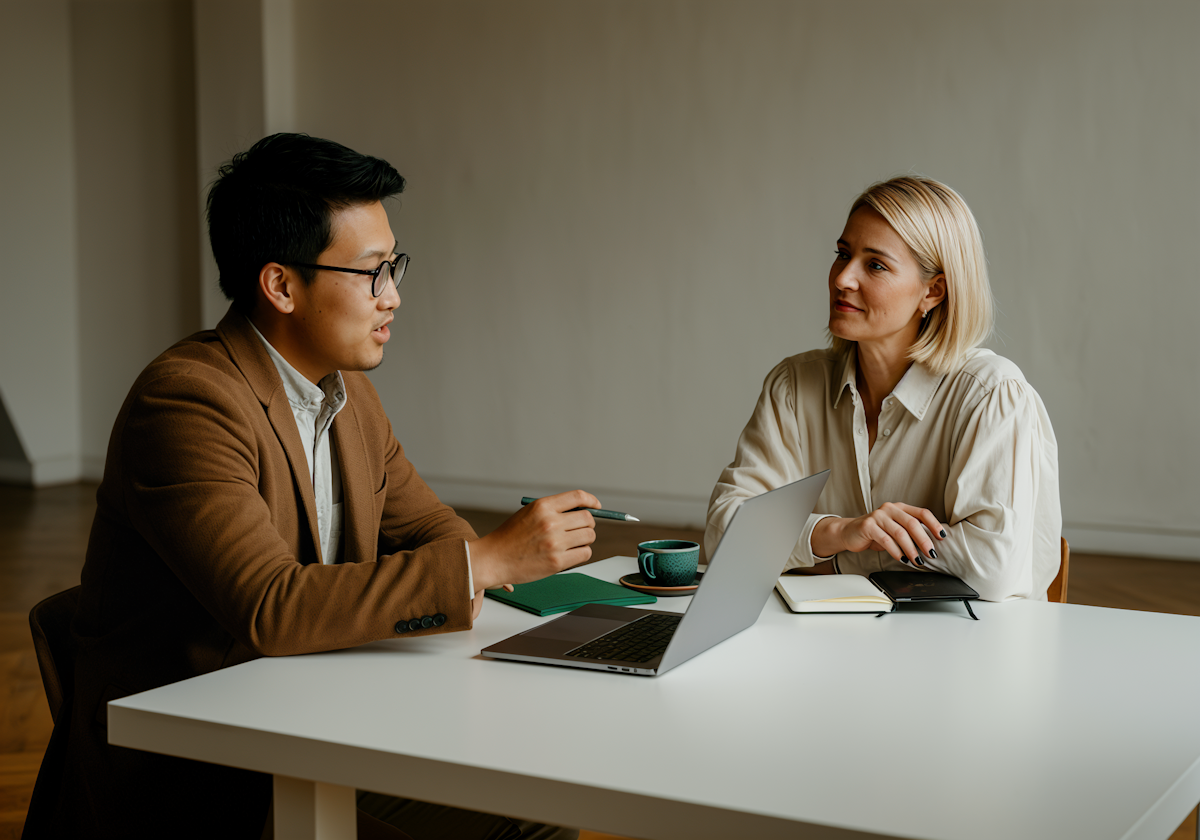 B2B marketing strategy consultation between founder and agency partner discussing SaaS team decisions