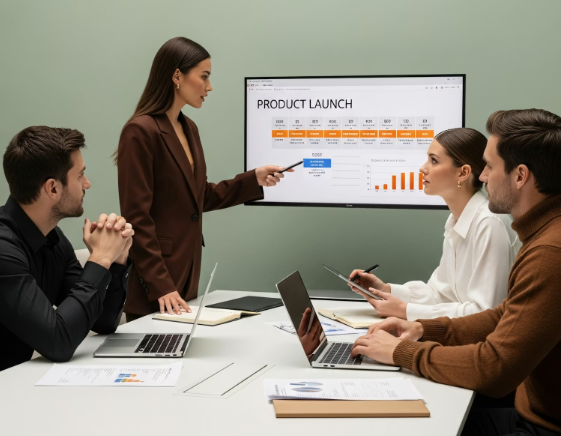 Marketing strategist presenting B2B product launch plan to founders during strategy workshop session