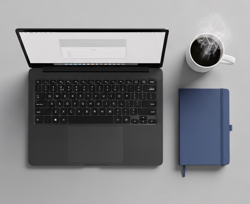 SaaS product launch planning workspace with laptop showing project timeline, strategic planning notebook, and coffee