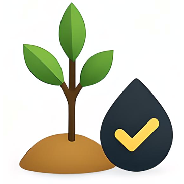 Flat icon of a young plant growing in soil next to a water drop with a checkmark, symbolizing healthy tree planting and irrigation services in Austin, TX