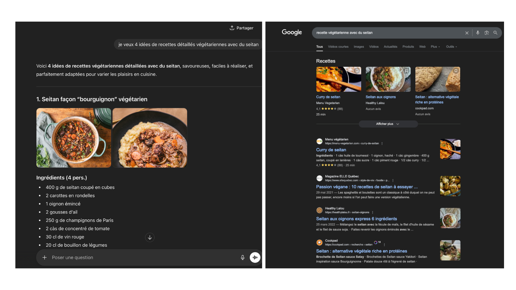 capture d'écran d'un requête sur chatgpt et sur google