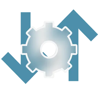 Two arrows pointing up and down with a gear in the middle.