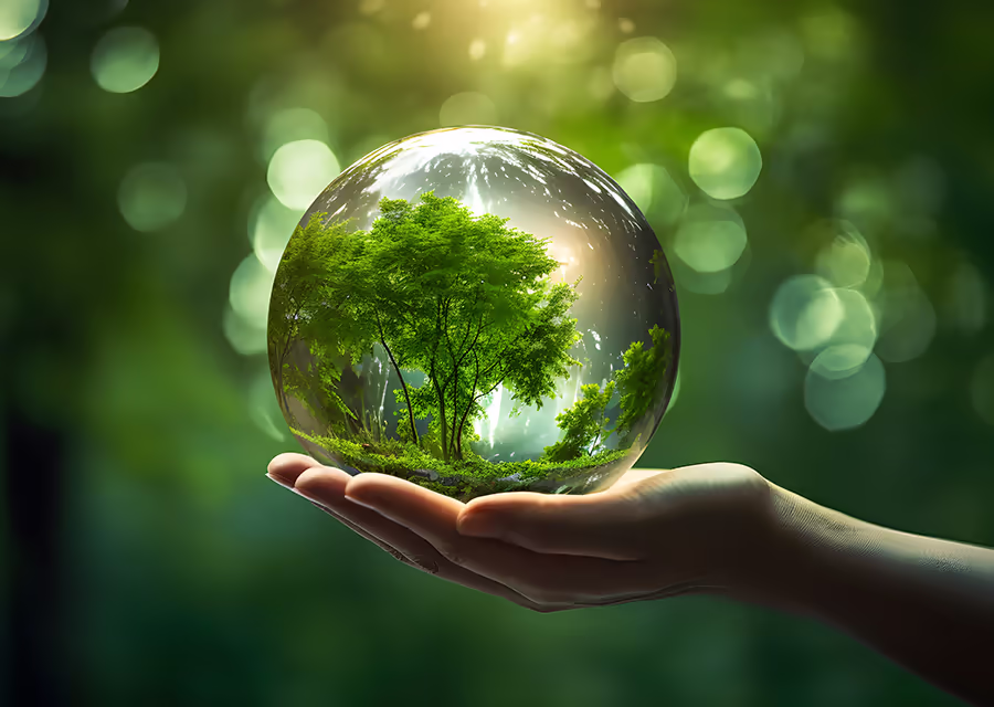 Sustainability Building Analytics image: a human hand holding a bubble with a tree inside