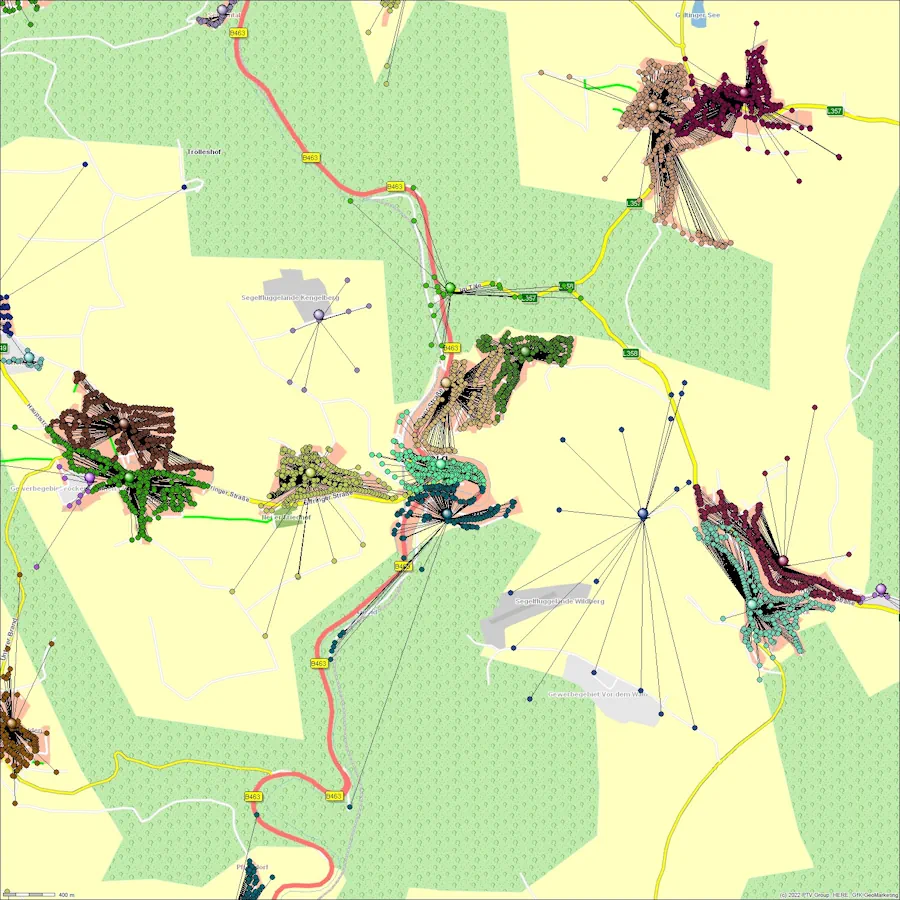 Karte der optimierten Zustellbezirke und Straßensegmente im Gebiet Nordbaden und Schwarzwald