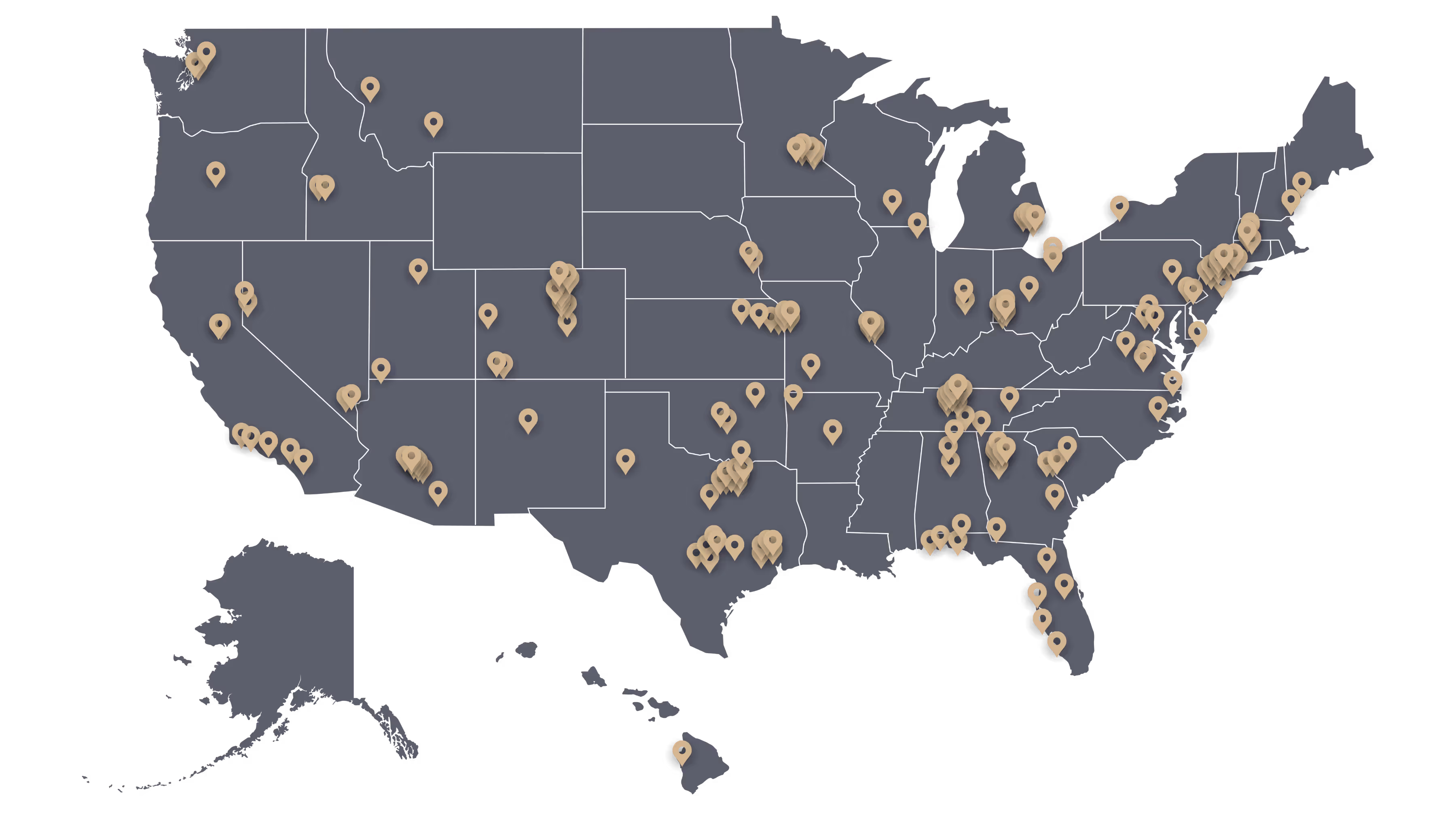 A map of the United States with location markers dropped on all locations where a City Lifestyle magazine is being published