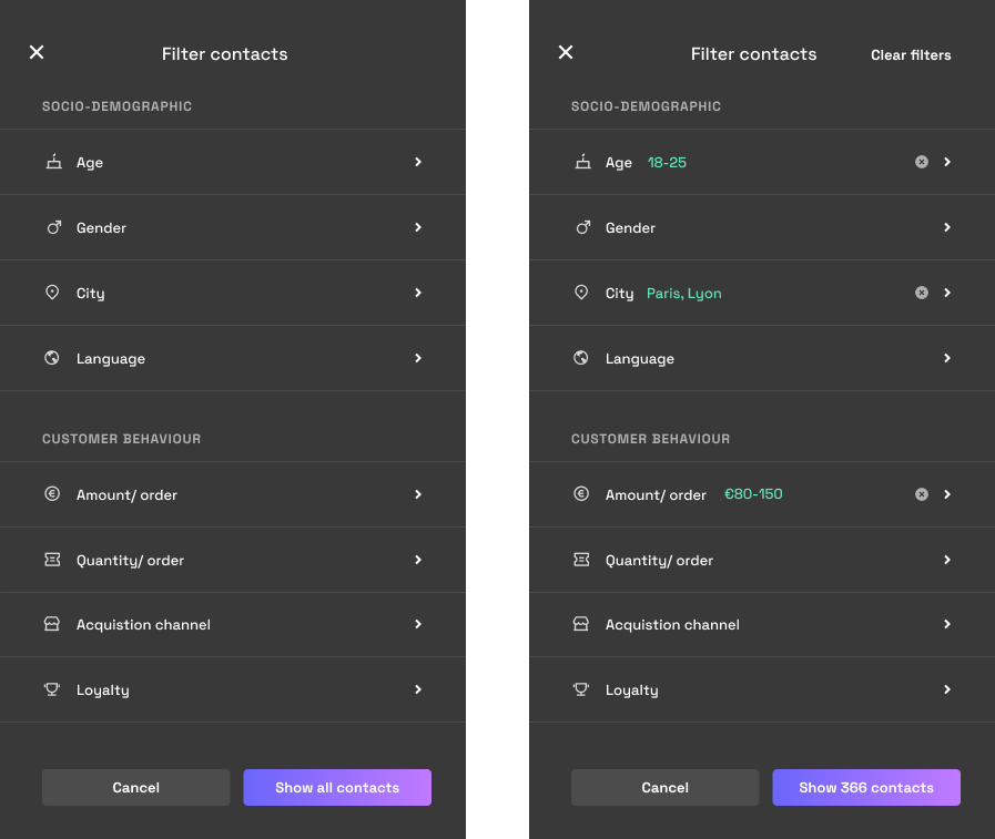 Filtres contacts pour segmenter