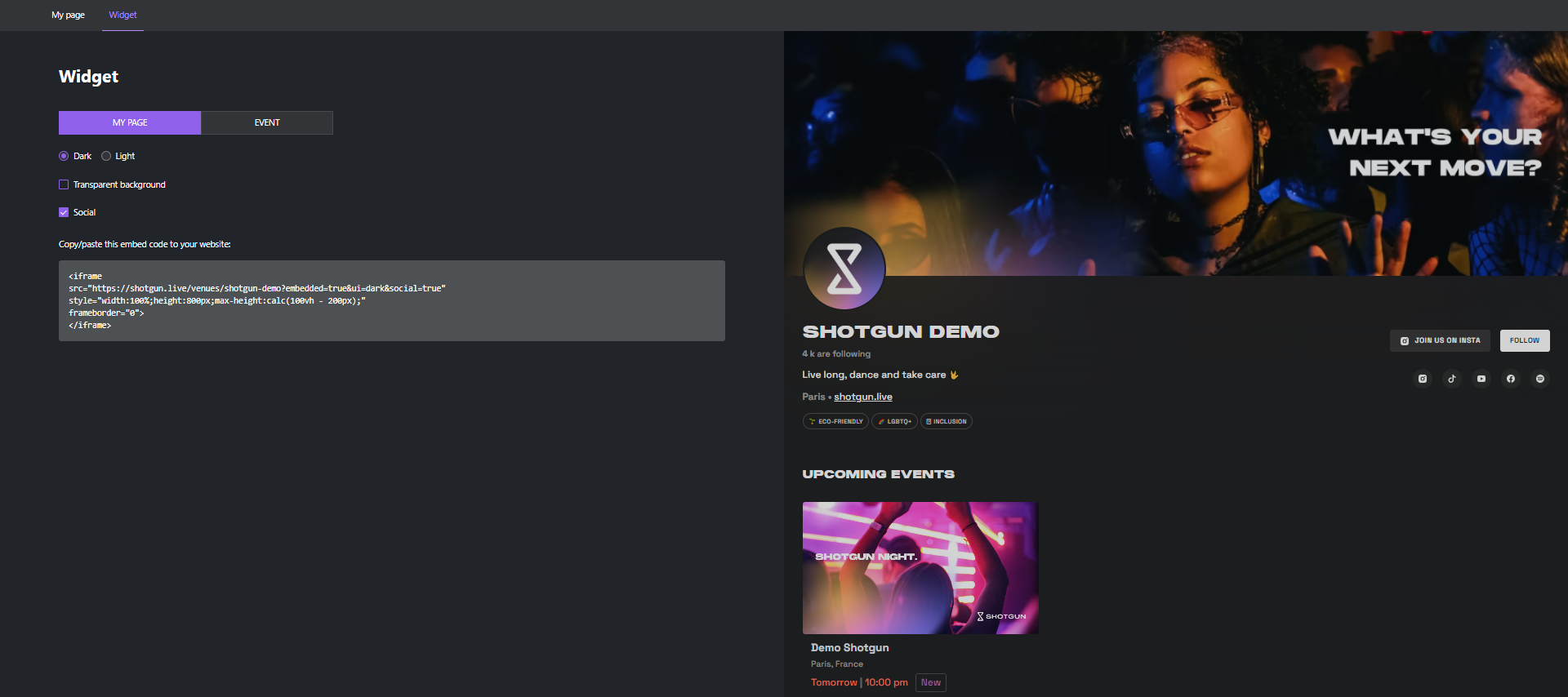 Widget sur site de page organisateur
