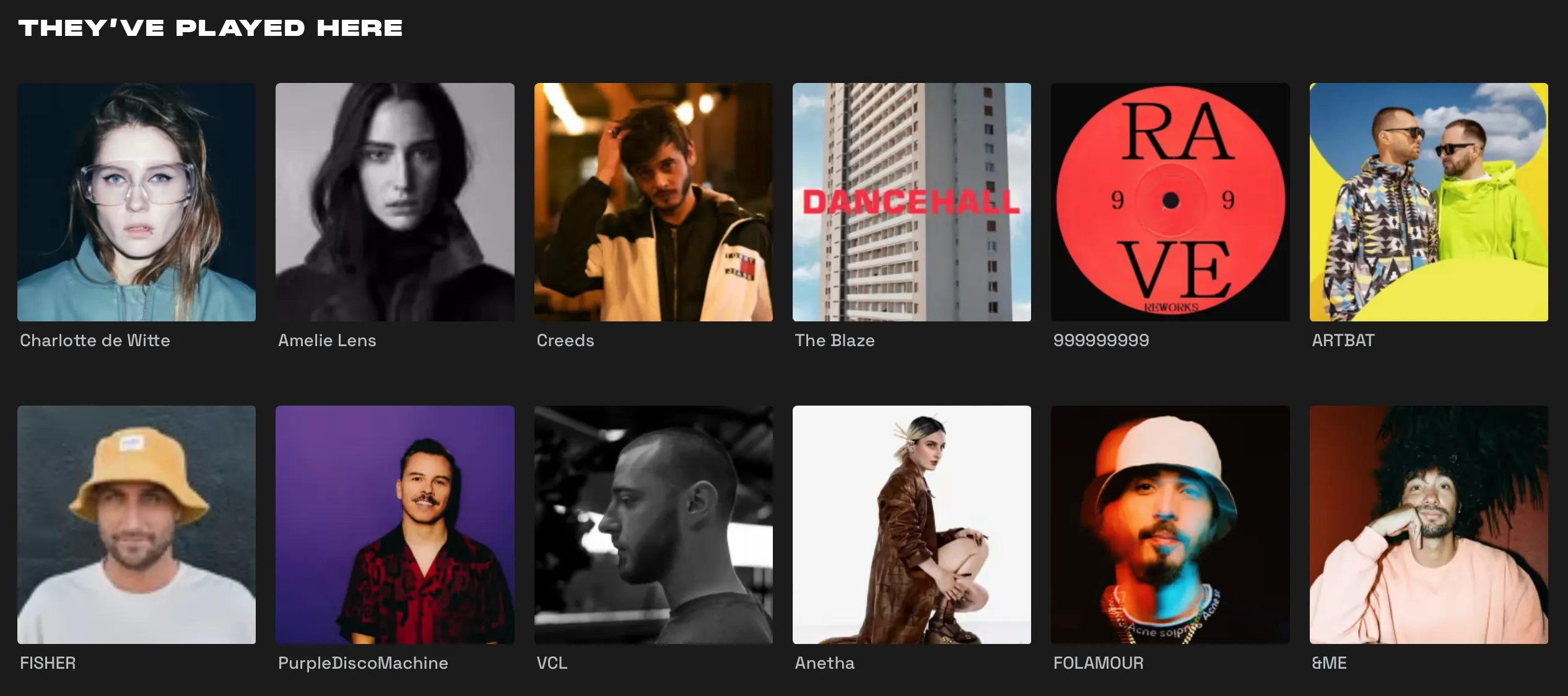 Artists displayed on the organizer page