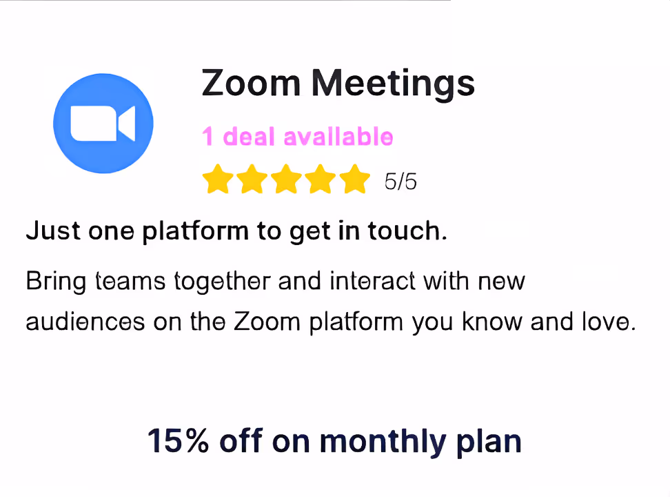 A Card showing Zoom deal: 15% off on monthly plan