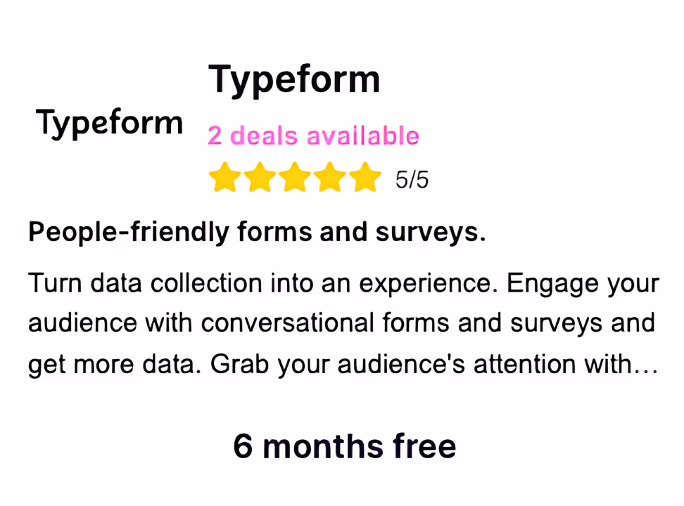 A Card showing Typeform deal: 6 months free