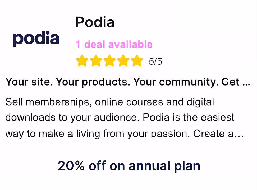 A Card showing Podia deal: 20% off on annual plan