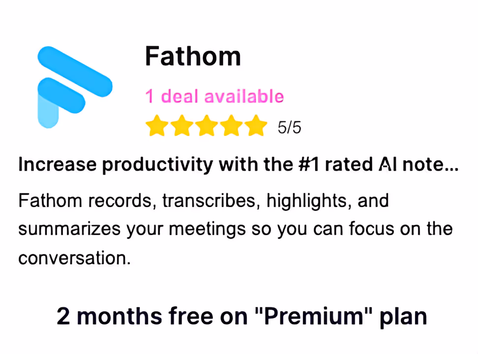 A Card showing Fathom deal: 2 months free on Premium Plan