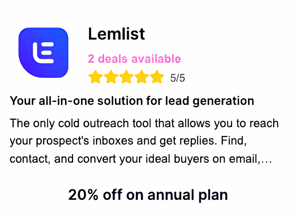A Card showing Lemlist deal: 20% off on annual plan