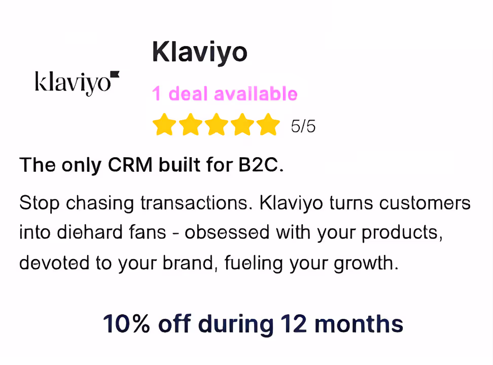 A Card showing Klaviyo deal: 10% off during 12 months