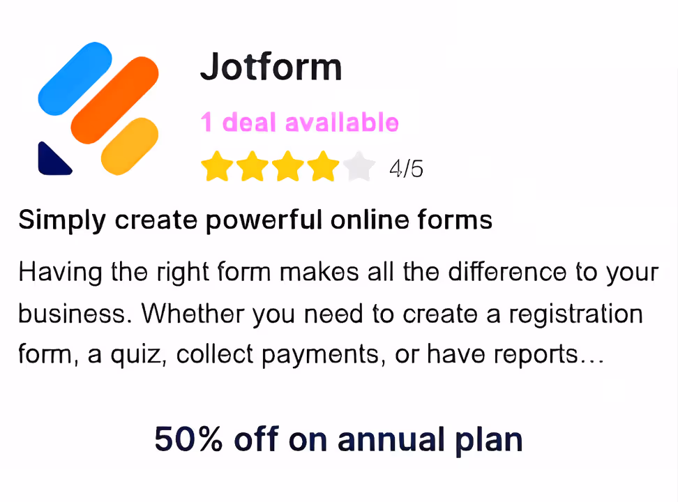 A Card showing Jotform deal: 50% off on any annual plan