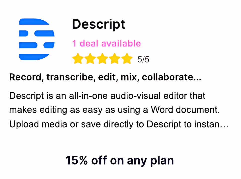 A Card showing Descript deal: 15% off on any deal