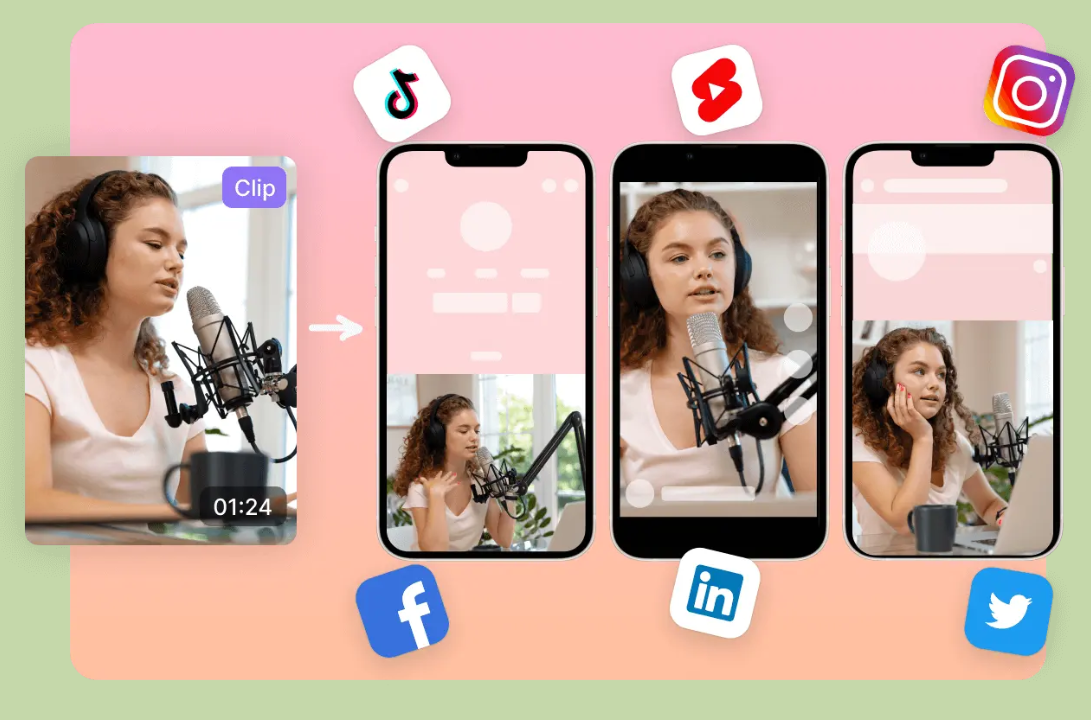 Representation of a Content Creator recording a video and repurposing it into content for different platforms likes TikTok, Youtube and Instagram