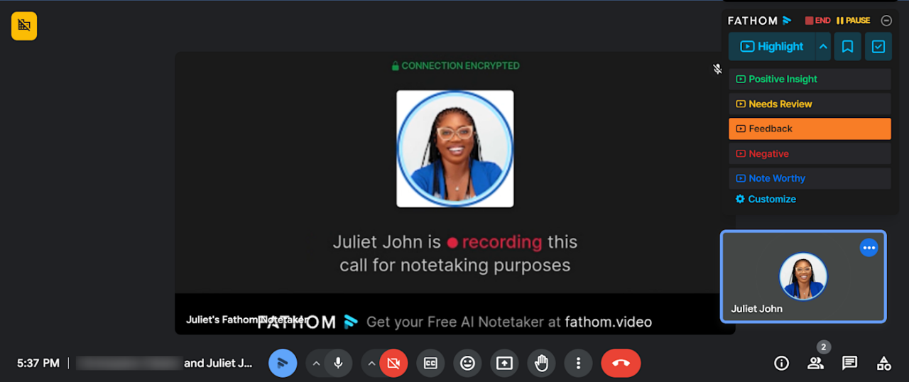 A highlight for Fathom's recorder look inside a meeting in 20255