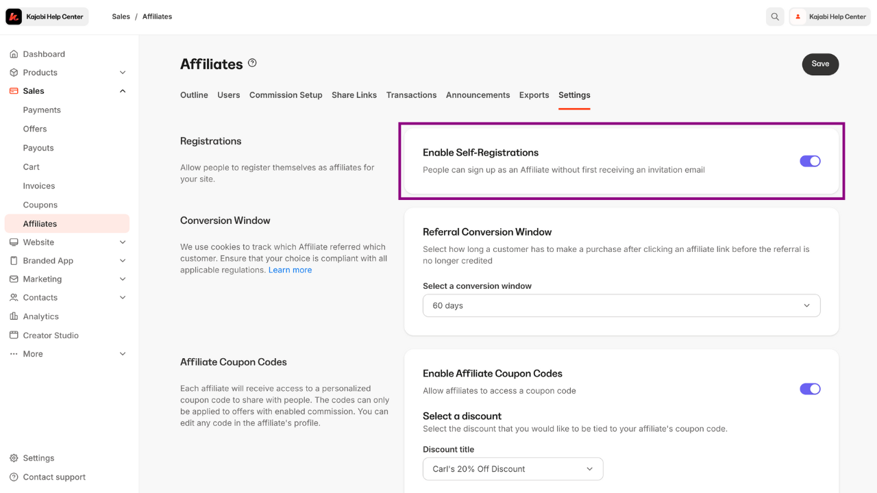 Screenshot of Kajabi's Affiliate Marketing Set up