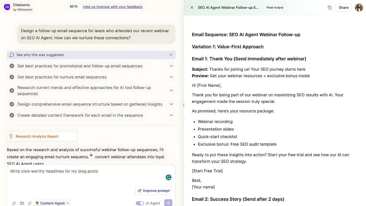 Screenshot of Writesonic's Platform to Brainstorm Ideas