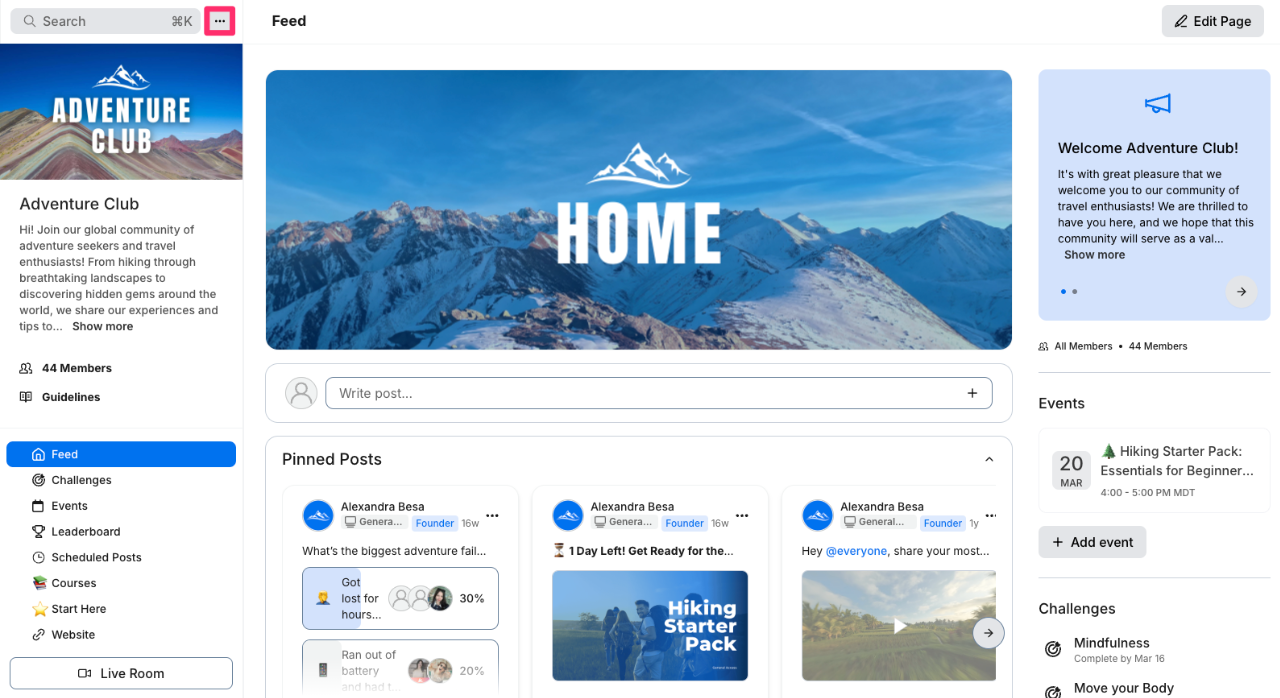 Screenshot of Kajabi's feature to host a community space