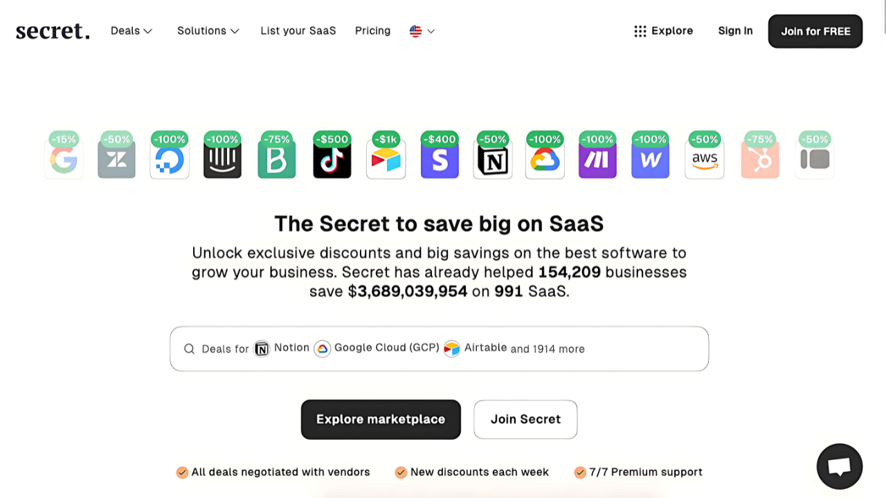 Screenshot of Secret's Home Page – Discounted tools for SaaS