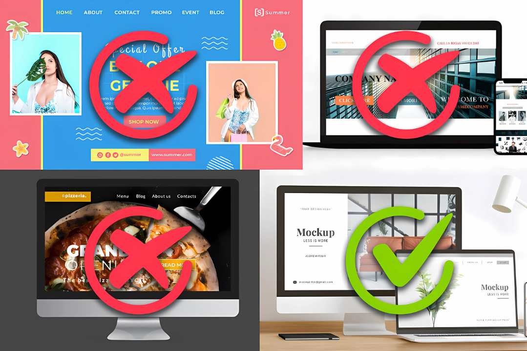 Images showing 3 bad website examples and 1 good example