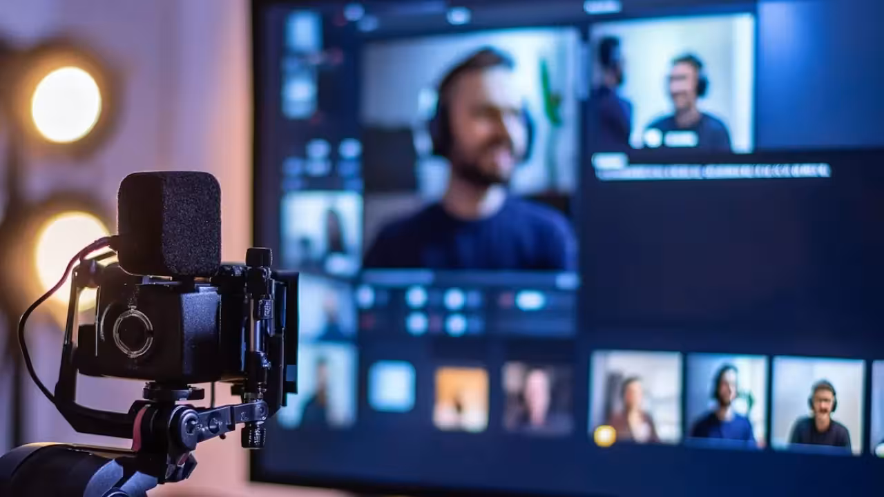 A Microphone with a blurred background showing a computer editing a video 