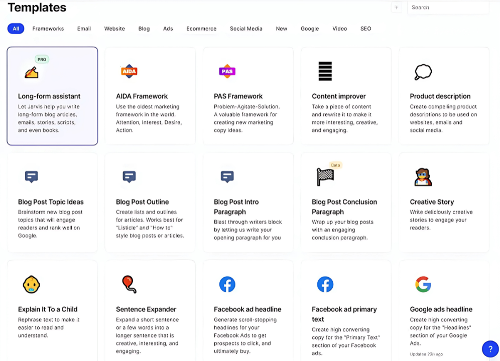 Jasper AI Templates including: Long form assistant, AIDA Framework, PAS Framework, Content improver, Product Description, and more