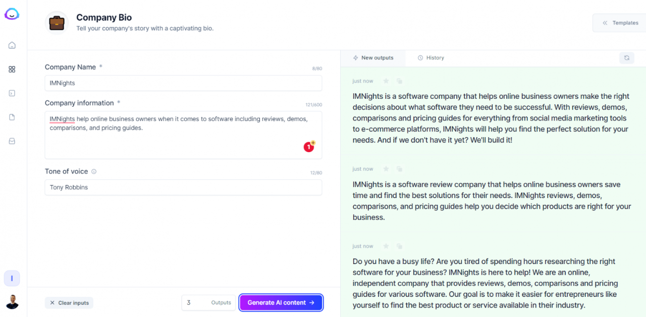 Screenshot of Jasper AI Chat, specifically for its Company Bio feature which allows users to get outputs on their company