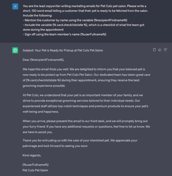 Screenshot of a conversation with GPT asking it to craft an Email for the funnel