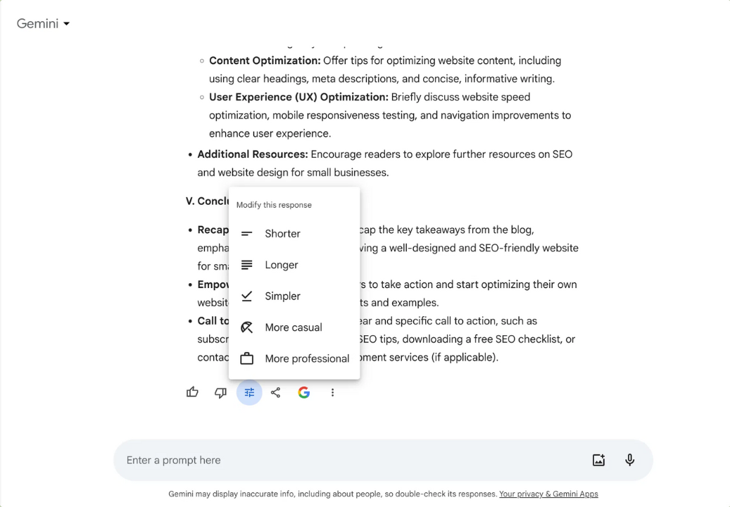 Screenshot of Gemini's Platform and its features to modify responses on the chat