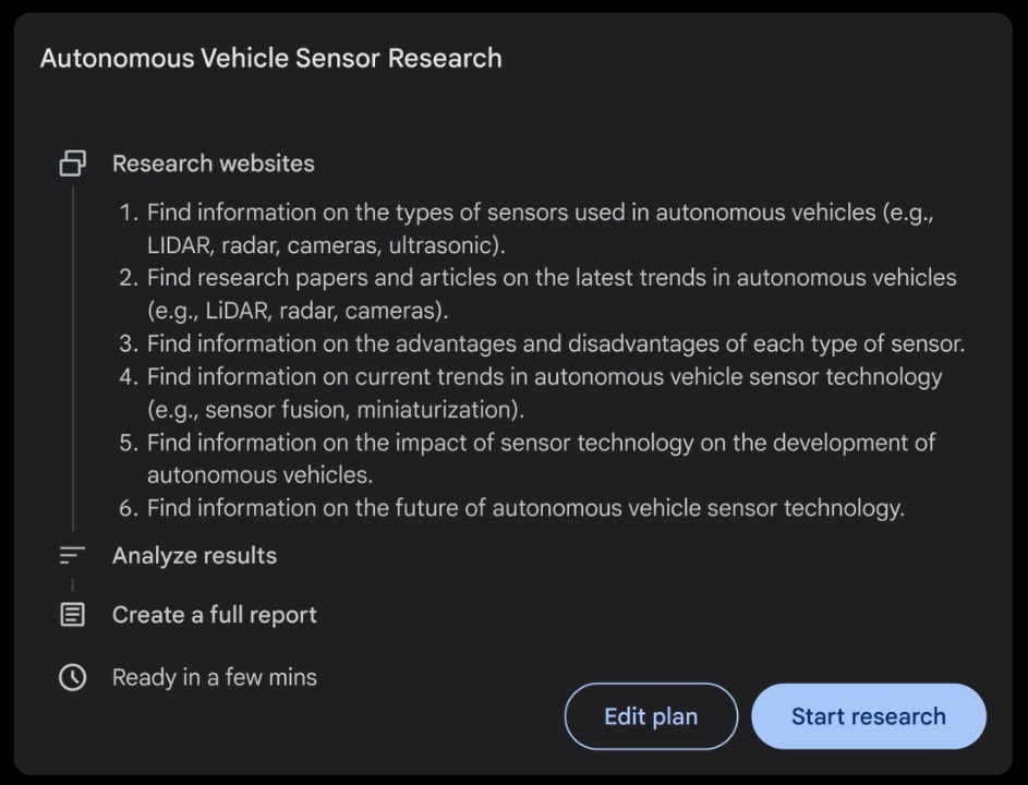 Example of Google Gemini's thought process for its Deep Research Function