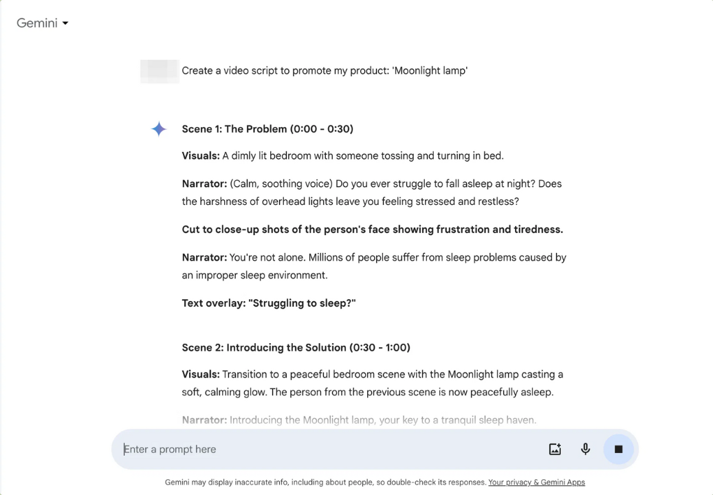 Example of Google Gemini's Result for the prompt: ''Create a video script to promote my product''