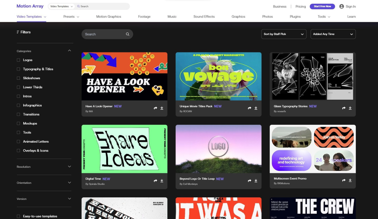 Screenshot of Motion Array video templates for Creators