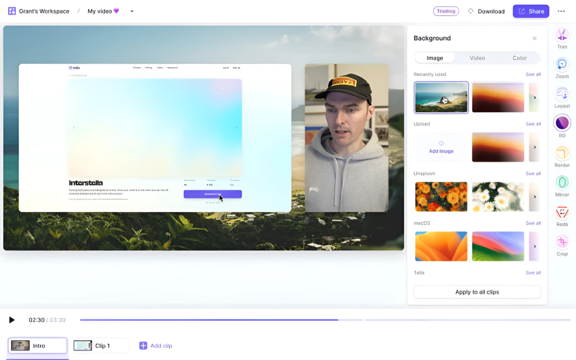 Screenshot of Tella's video editor with Screen Recording for Creators