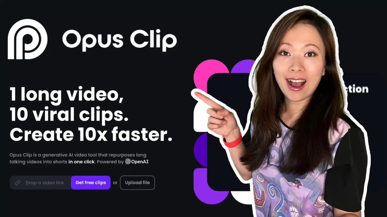 Screenshot of OpusClip homepage: ''1 Long video, 10 viral clips''.