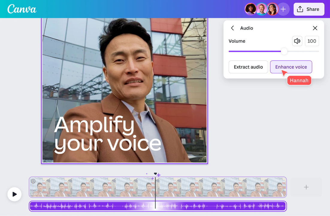 Screenshot of Canva's feature tu enhance voice with 1 click