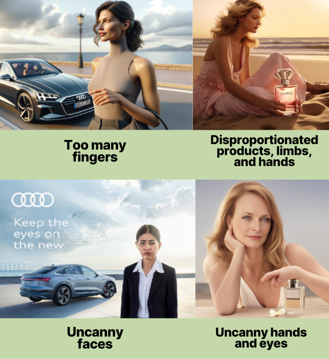 Examples of Bad Images generated by AI: Too many fingers, uncanny eyes, faces, hands, etc...