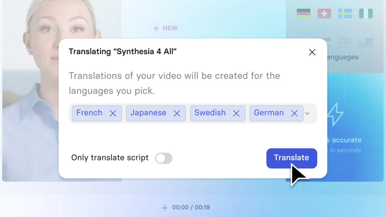 Screenshot of Synthesia's Feature to translate to multiple languages