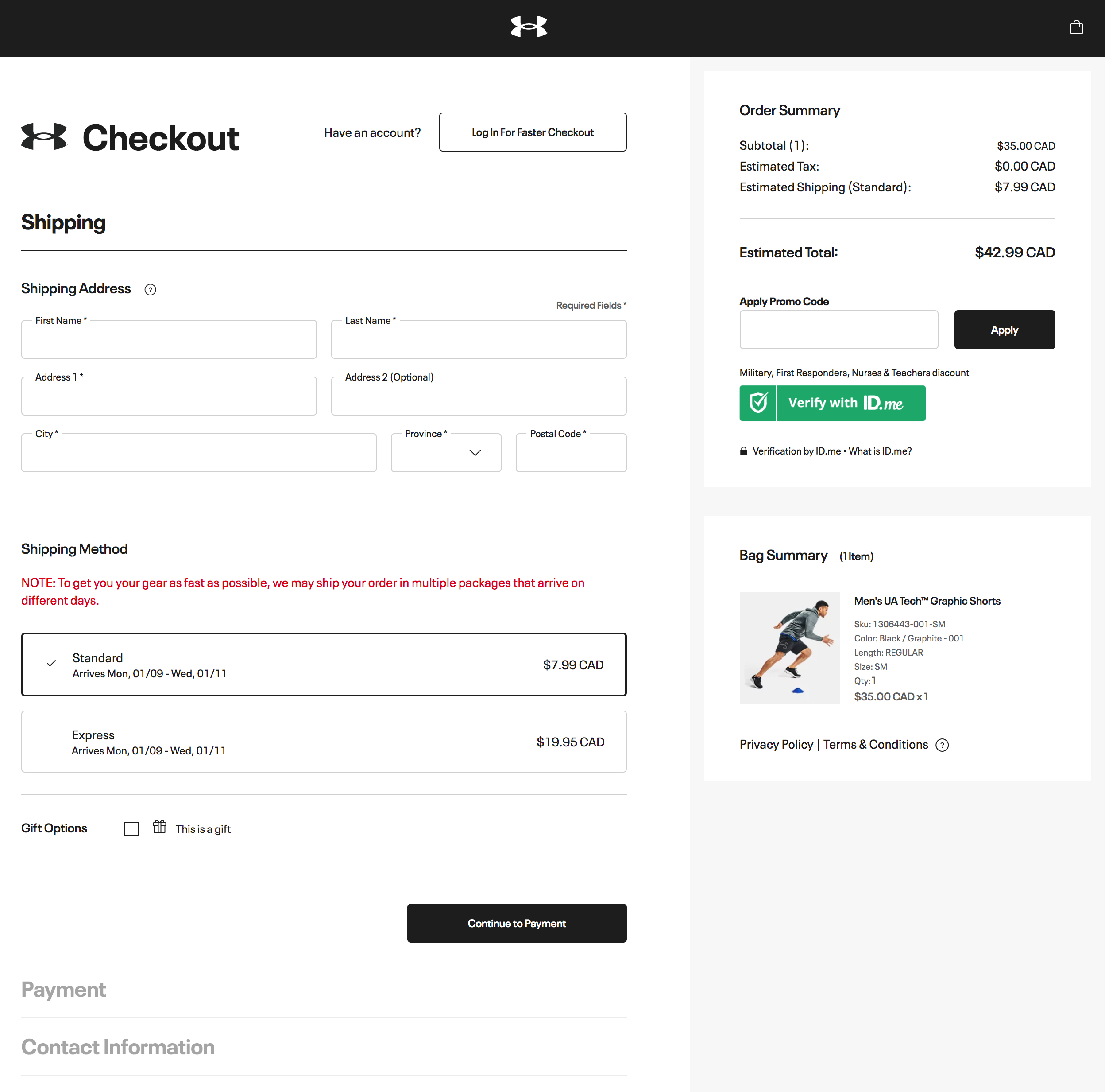 One Page Checkout Under Armour