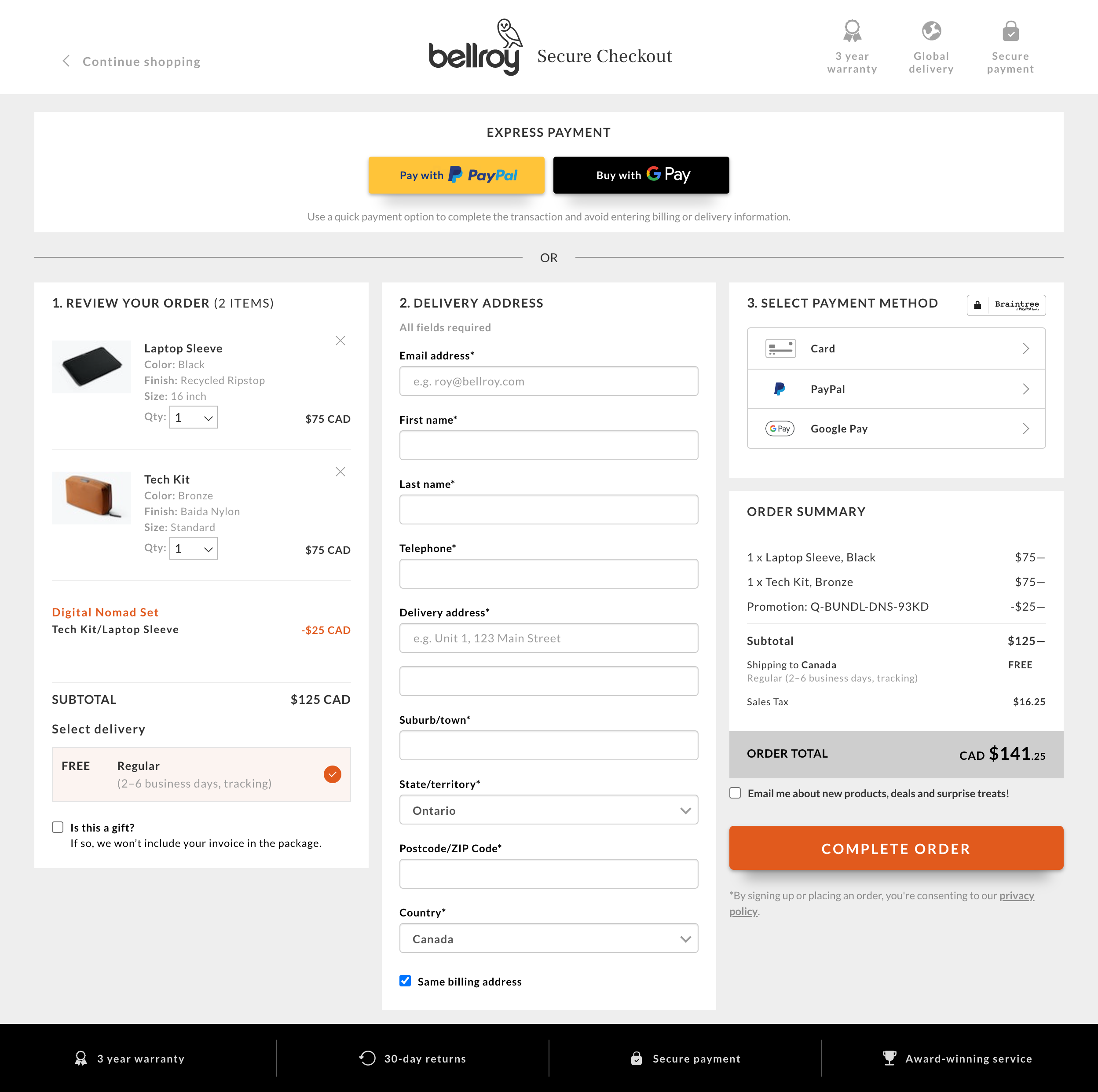 Bellroy One Page Checkout